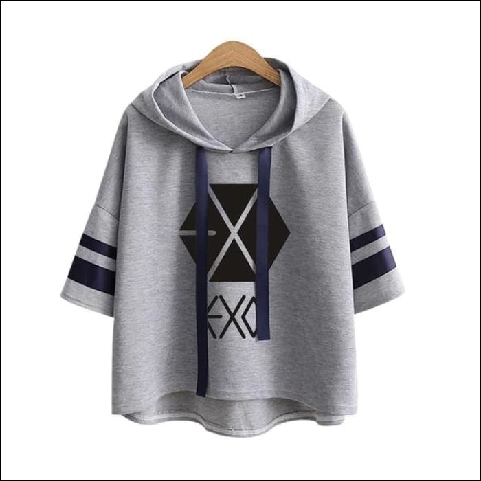 EXO Crop Top Hoodie (White/Black/Gray) - Grey / One Size - EXO