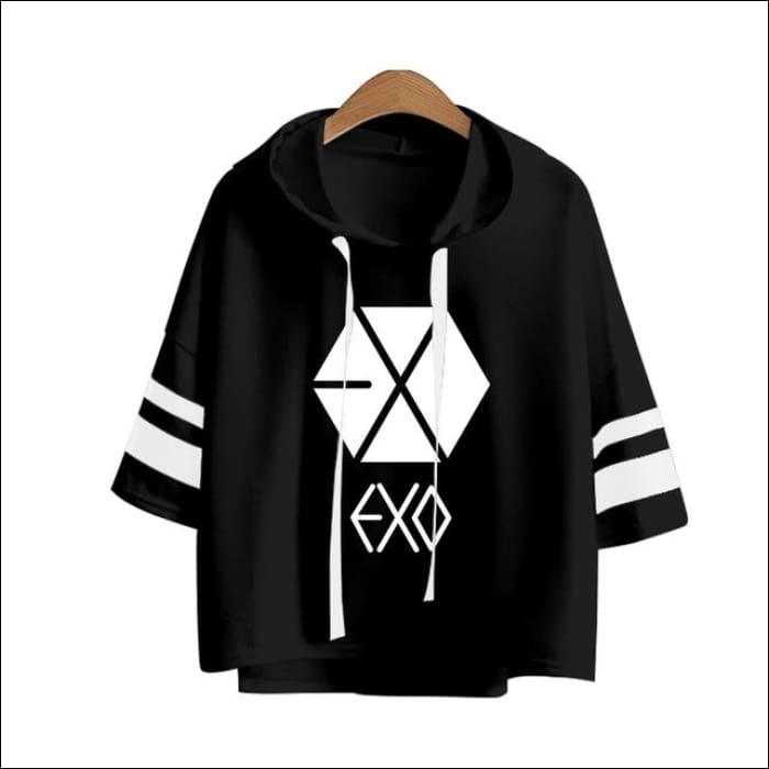 EXO Crop Top Hoodie (White/Black/Gray) - Black 1 / One Size - EXO