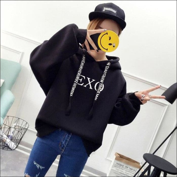 EXO Short Sleeve Ribbon Hoodie - black 1 / S - EXO