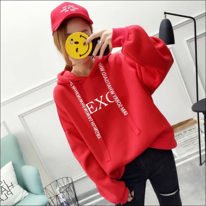 EXO Short Sleeve Ribbon Hoodie - red 1 / S - EXO