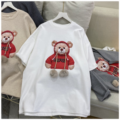 Kawaii Fur Ball Tshirt Summer Cotton Half Sleeve Round Neck